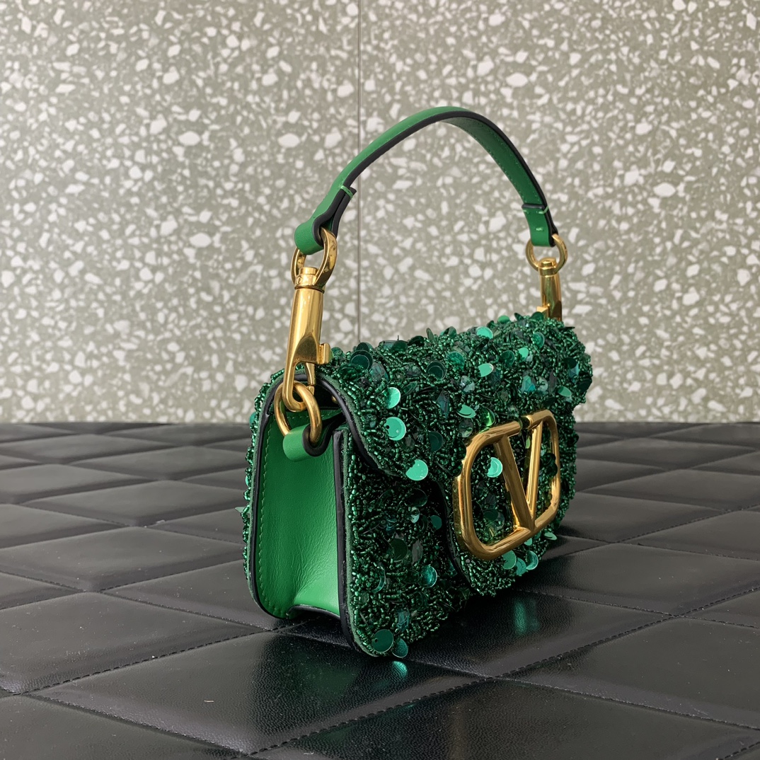 Valentino Garavani Loco Small Embroidered Shoulder Bag with Green Beaded Fringes